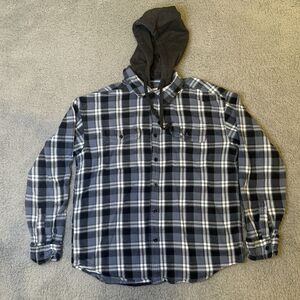 American Eagle Mens Flannel Removable‎ Hood Green Plaid Shirt Shacket Size Large